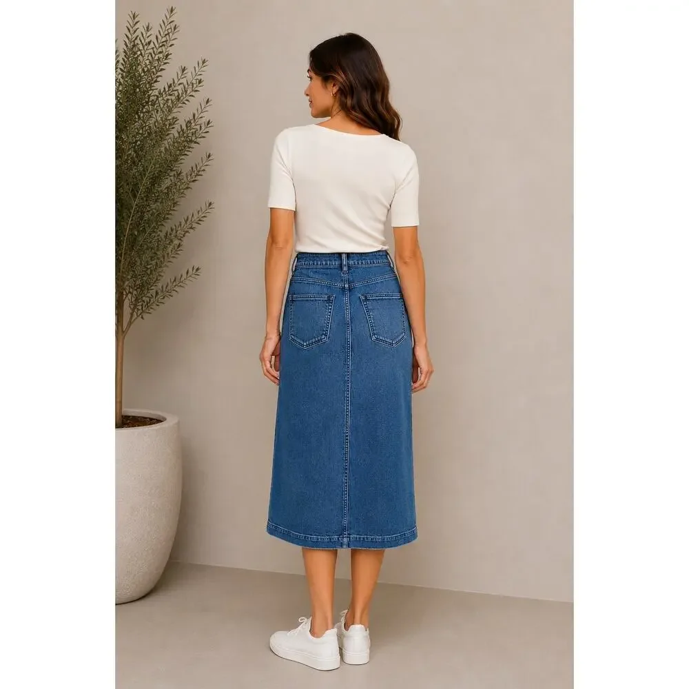 Faherty Stretch Terry Midi Skirt Riverton Denim Look A-Line NWT Size 6 Coastl